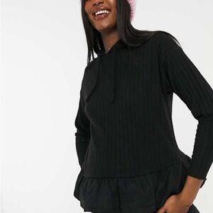 Black Maternity  Ribbed Hoodie with Ruffle Hem